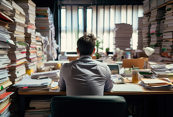 A person sitting at a desk in a room full of large stacks of documents and folders