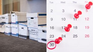 a pile of boxes ready for a purge and a calendar of scheduled shredding dates
