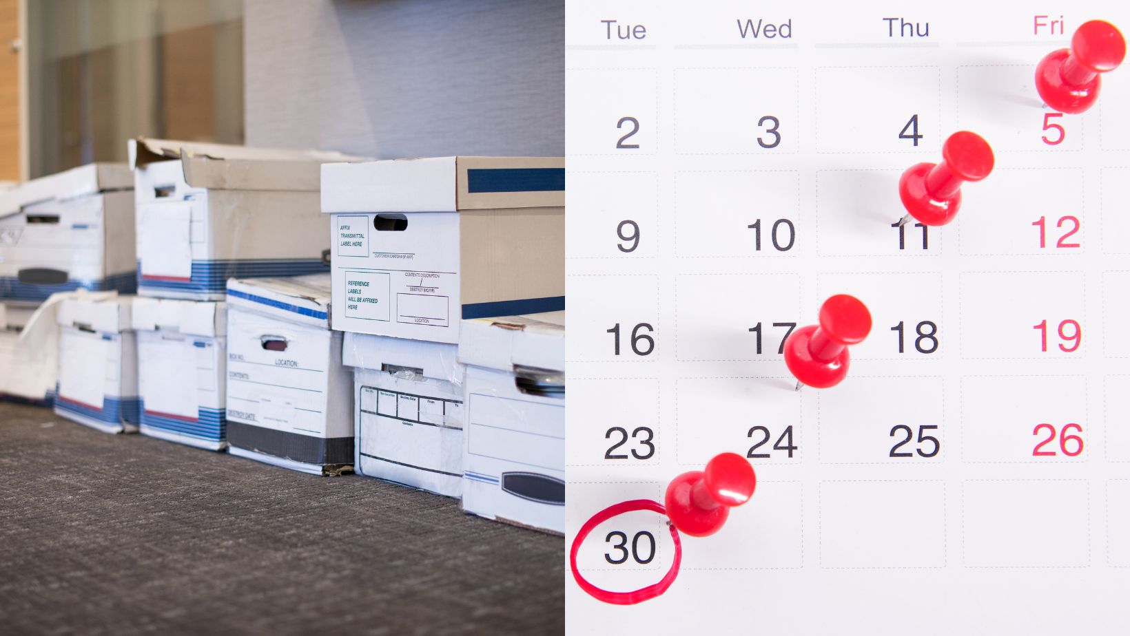 a pile of boxes ready for a purge and a calendar of scheduled shredding dates