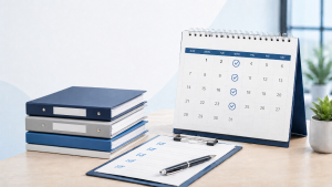 Organized office desk with a calendar, checklist, and stacked files representing scheduled shredding for business documents.