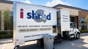 i-Shred On-Site Document Destruction truck in front of a business for on-site shredding appointment