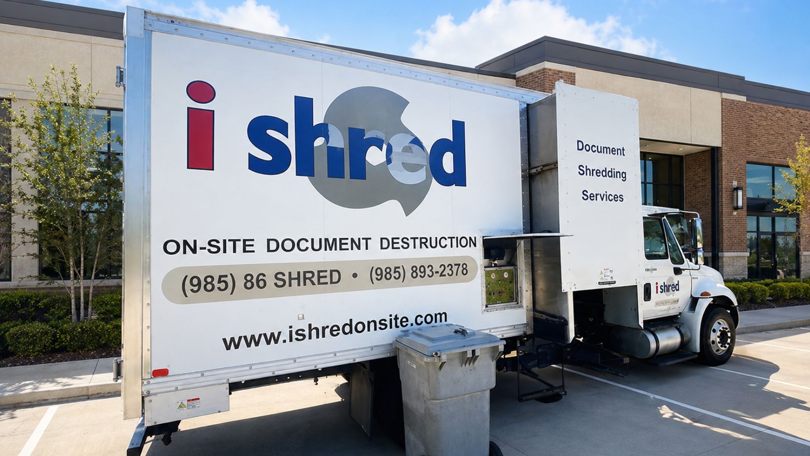 i-Shred On-Site Document Destruction truck in front of a business for on-site shredding appointment